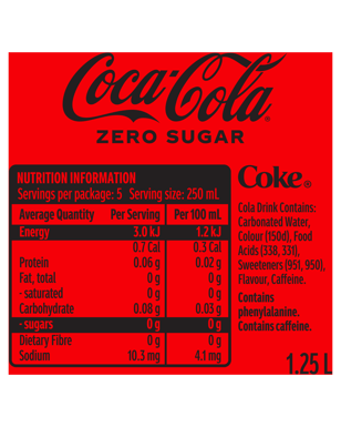 Coca-cola Zero Sugar Soft Drink Bottle 1.25l  Bottle