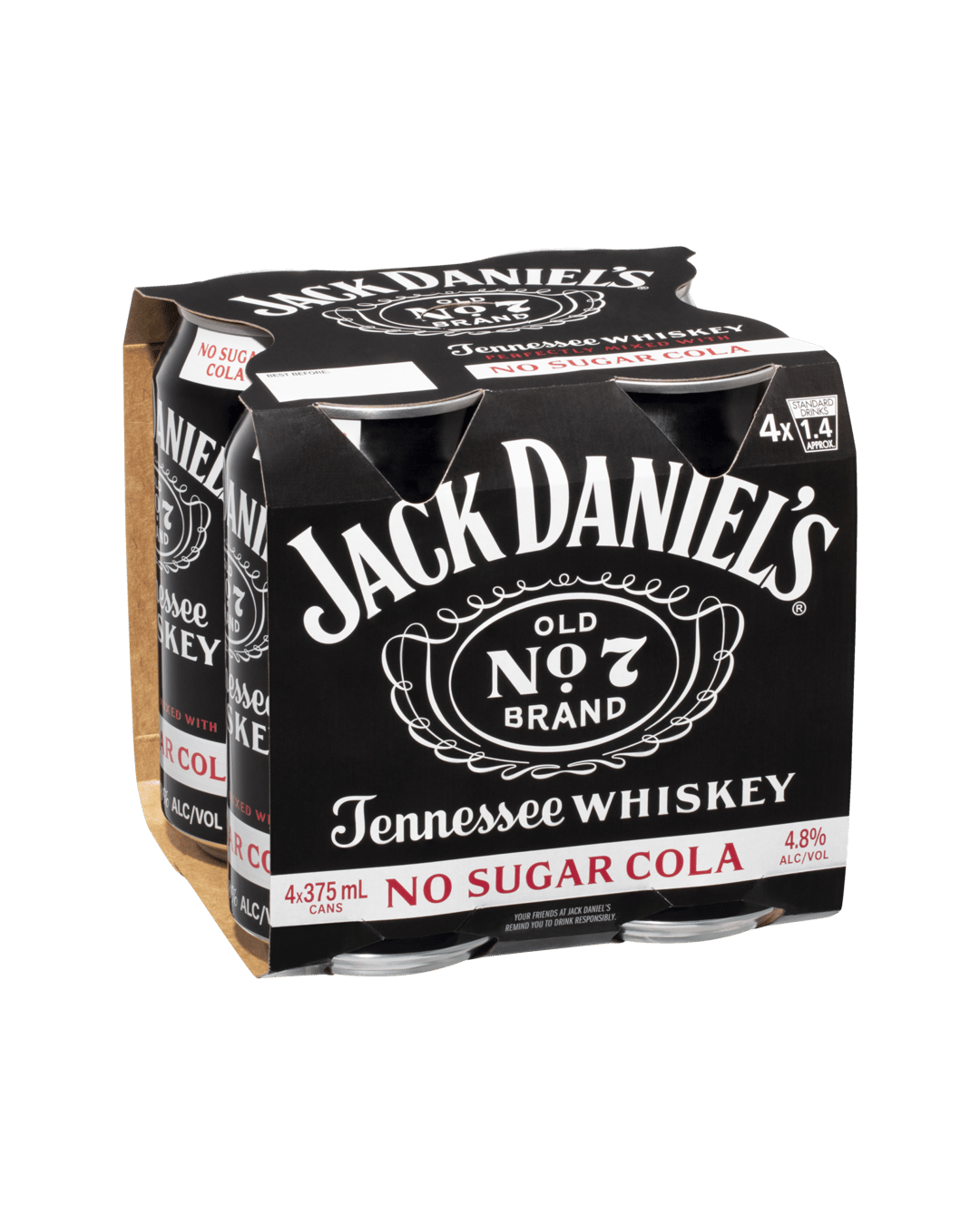 Jack Daniel's Tennessee Whiskey & No Sugar Cola Cans 4x375mL