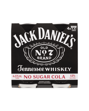 Jack Daniel's Tennessee Whiskey & No Sugar Cola Cans 375ml  4 Pack