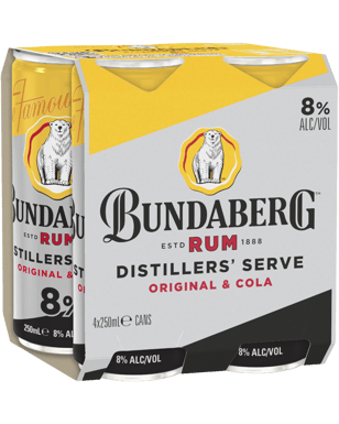 Bundaberg Distillers' Serve Rum And Cola 8% Cans 250ml  4 Pack